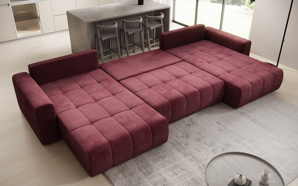 Designer sofa Leveno U with sleeping and folding function in velvet