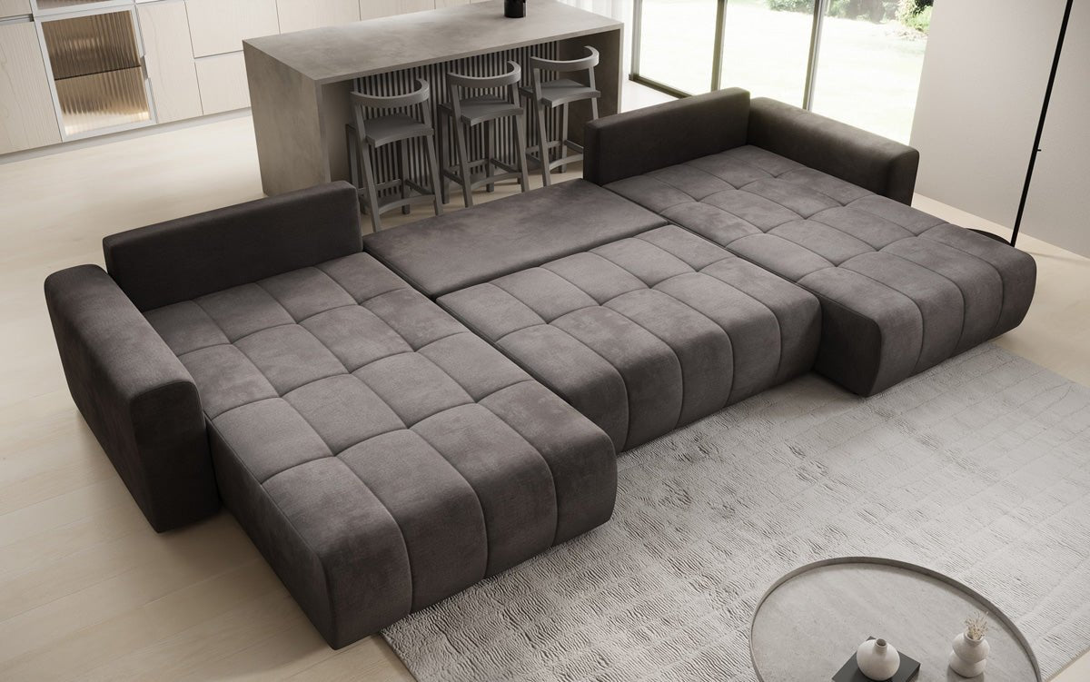 Designer sofa Leveno U with sleeping and folding function in velvet