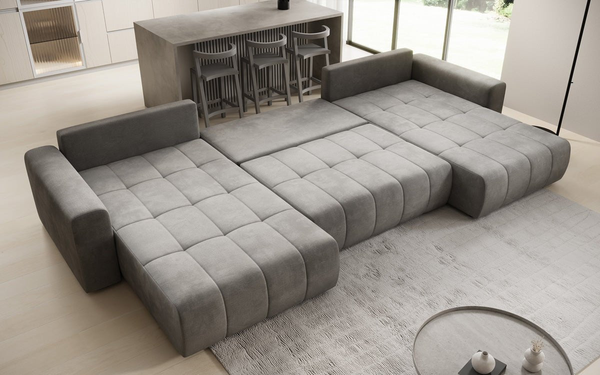 Designer sofa Leveno U with sleeping and folding function in velvet