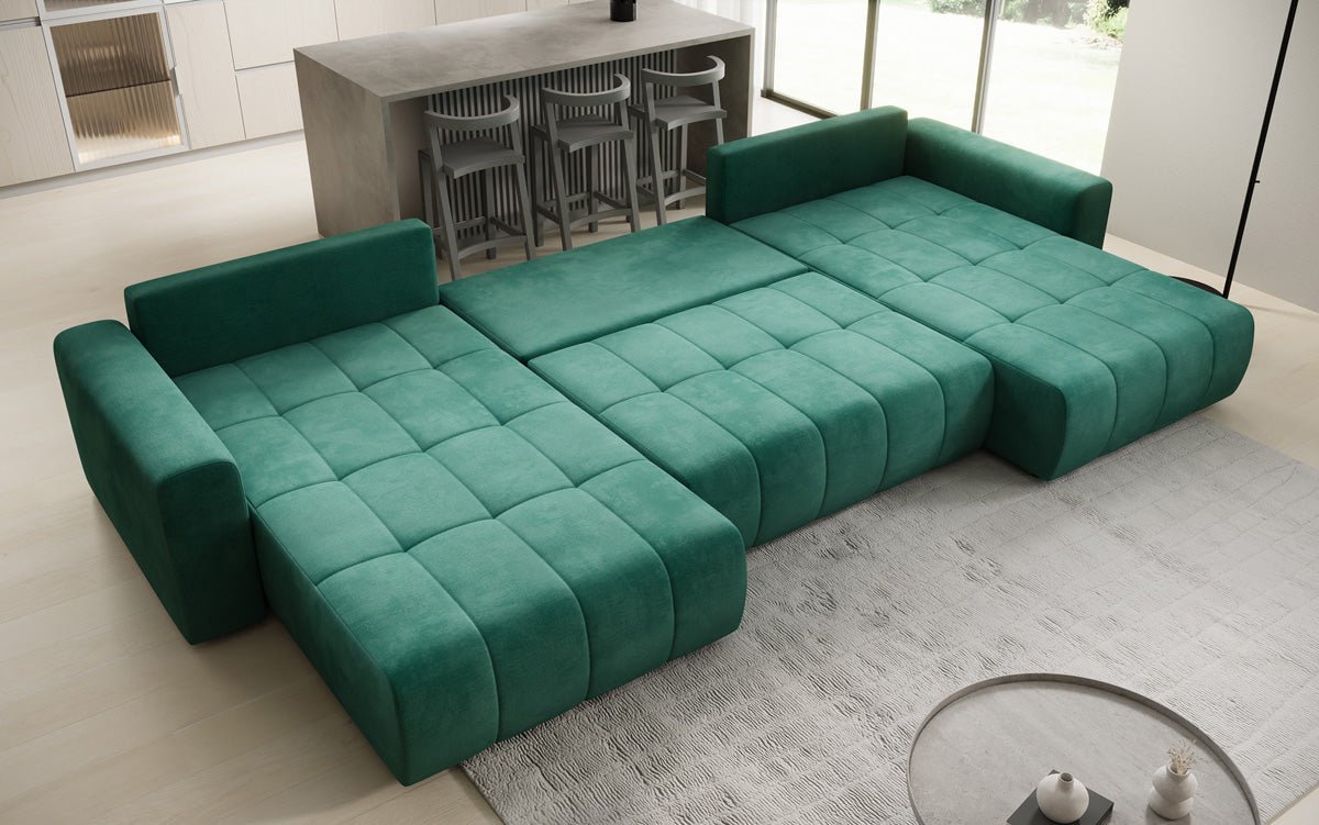 Designer sofa Leveno U with sleeping and folding function in velvet