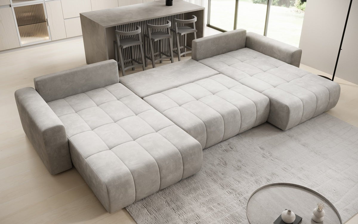Designer sofa Leveno U with sleeping and folding function in velvet