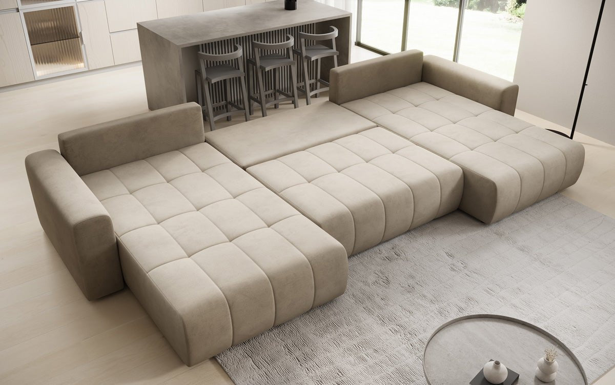 Designer sofa Leveno U with sleeping and folding function in velvet