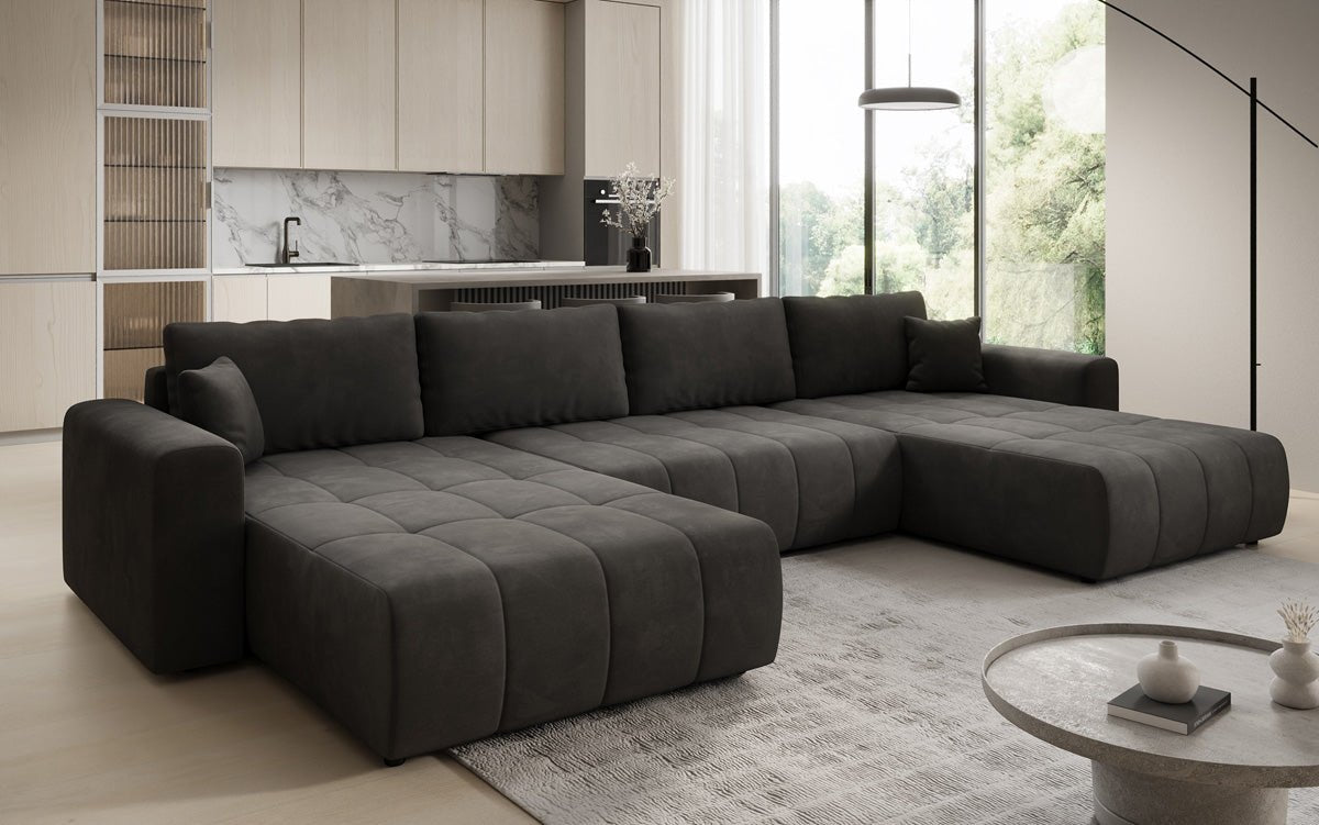 Designer sofa Leveno U with sleeping and folding function in velvet
