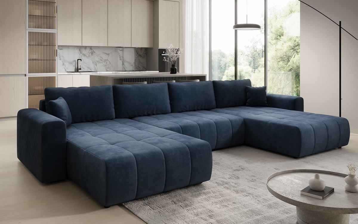 Designer sofa Leveno U with sleeping and folding function in velvet