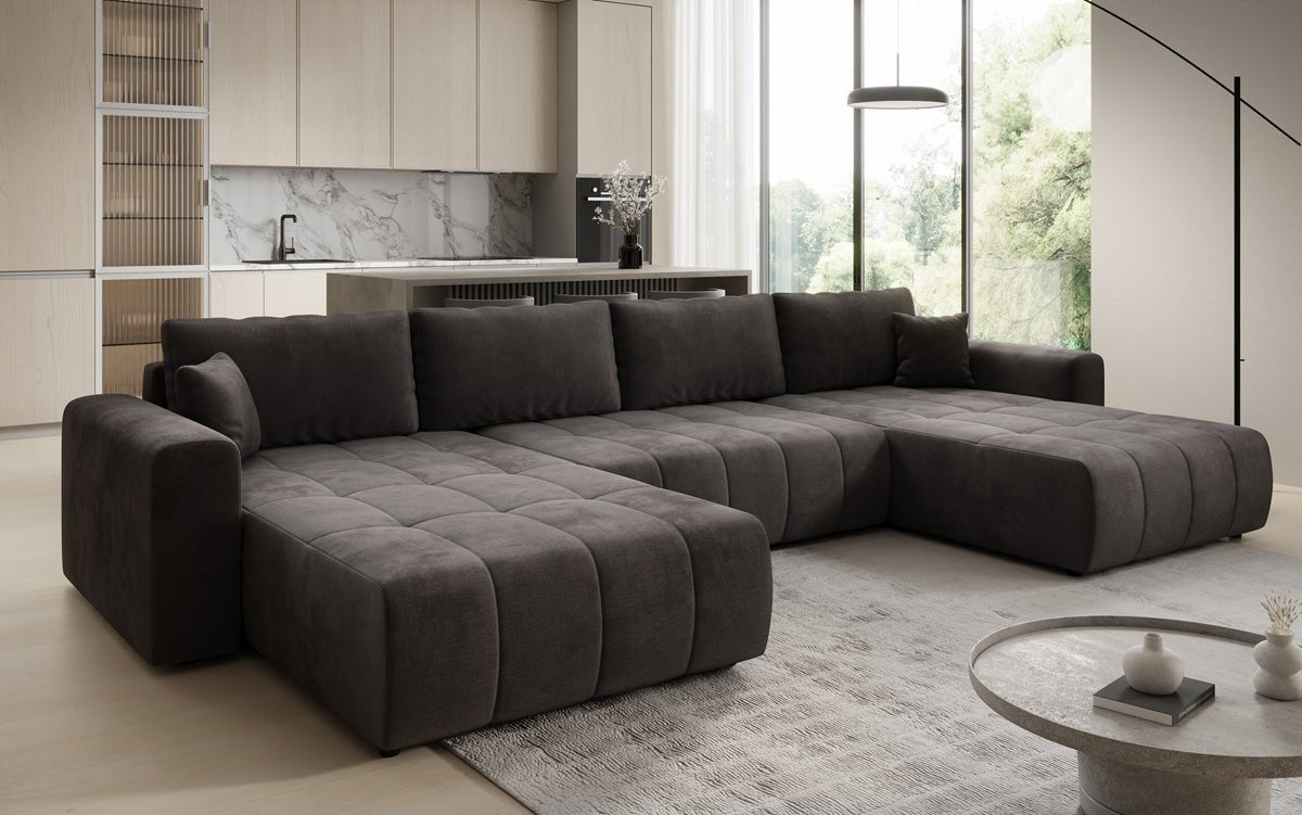 Designer sofa Leveno U with sleeping and folding function in velvet