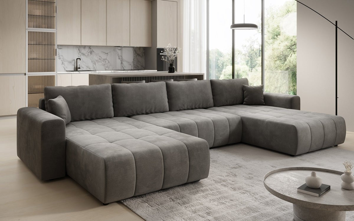 Designer sofa Leveno U with sleeping and folding function in velvet