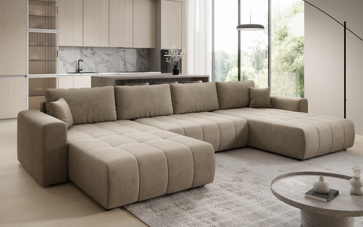 Designer sofa Leveno U with sleeping and folding function in velvet