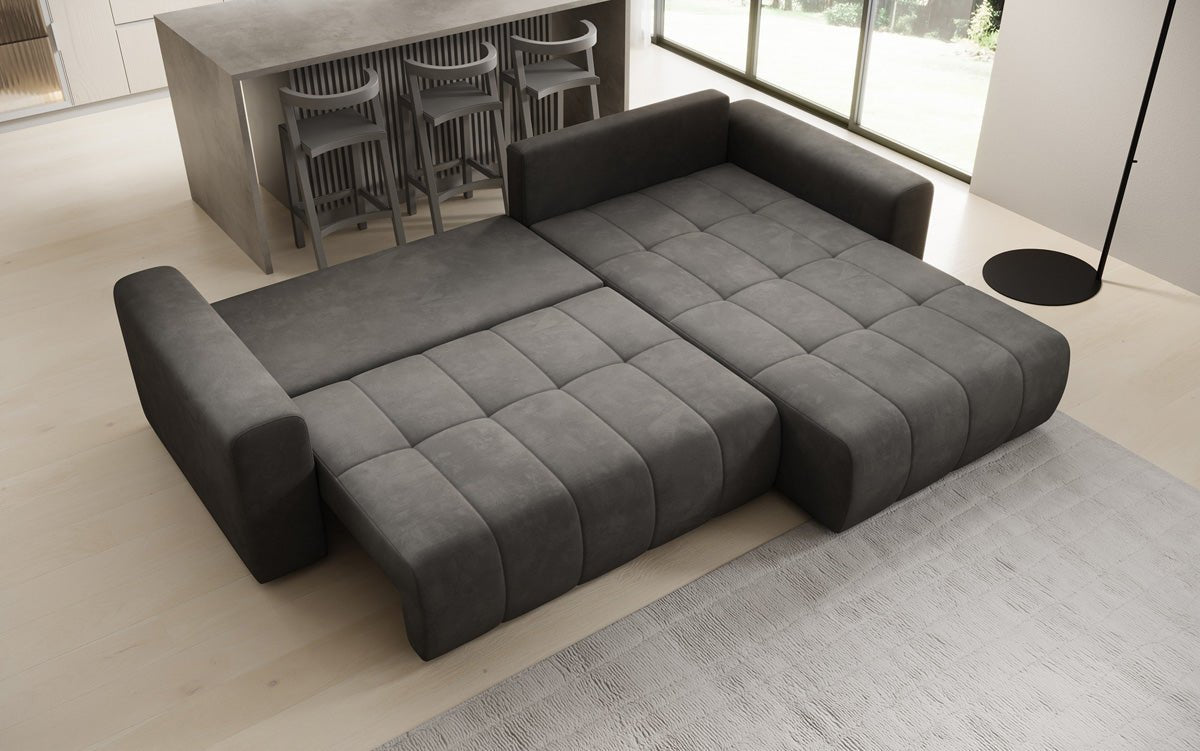 Designer Sofa Leveno L mit Schlaf- und Klappfunktion in Samt