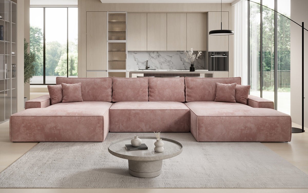 Designer Sofa Verona U mit breiter Ottomane mit Schlaffunktion und Stauraum in Cord