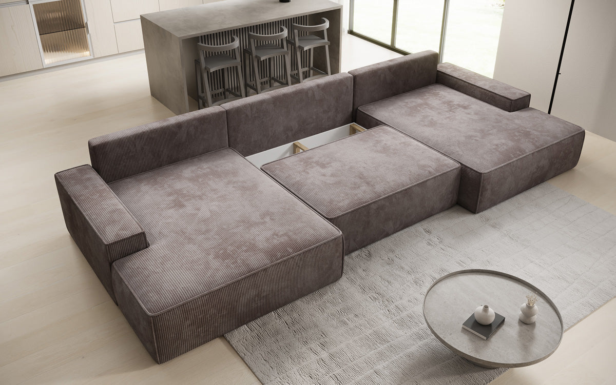 Designer Sofa Verona U mit breiter Ottomane mit Schlaffunktion und Stauraum in Cord