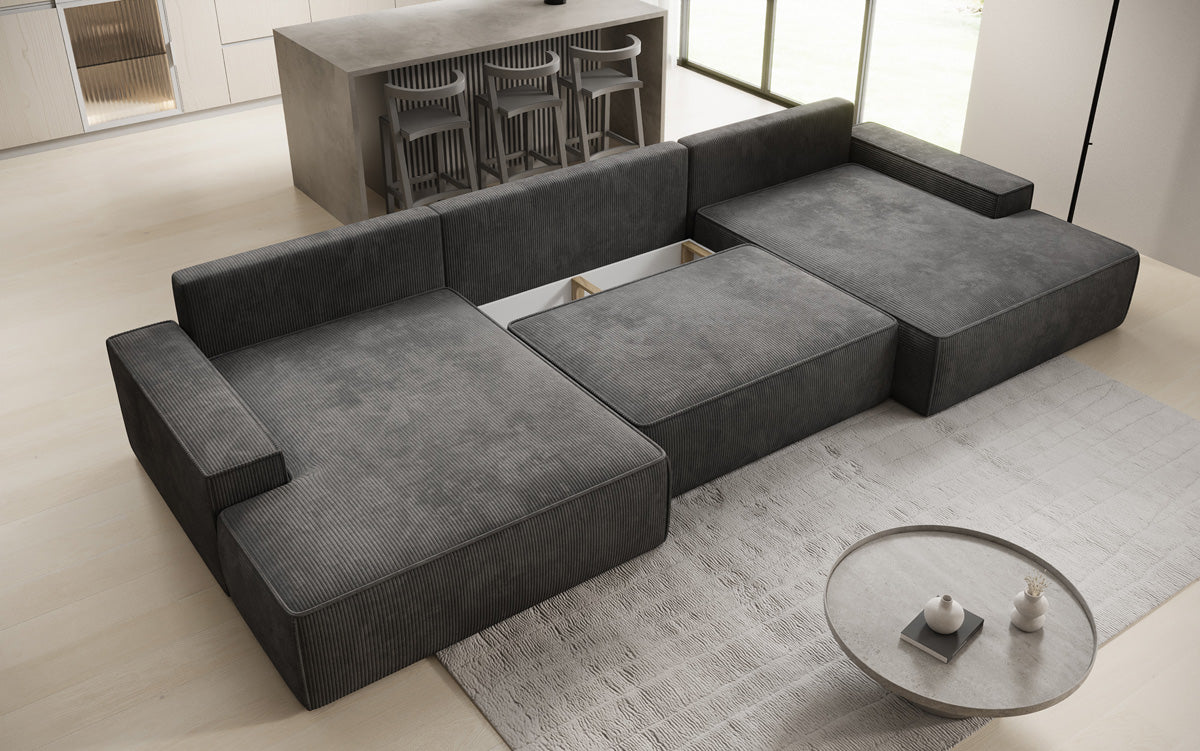 Designer Sofa Verona U mit breiter Ottomane mit Schlaffunktion und Stauraum in Cord