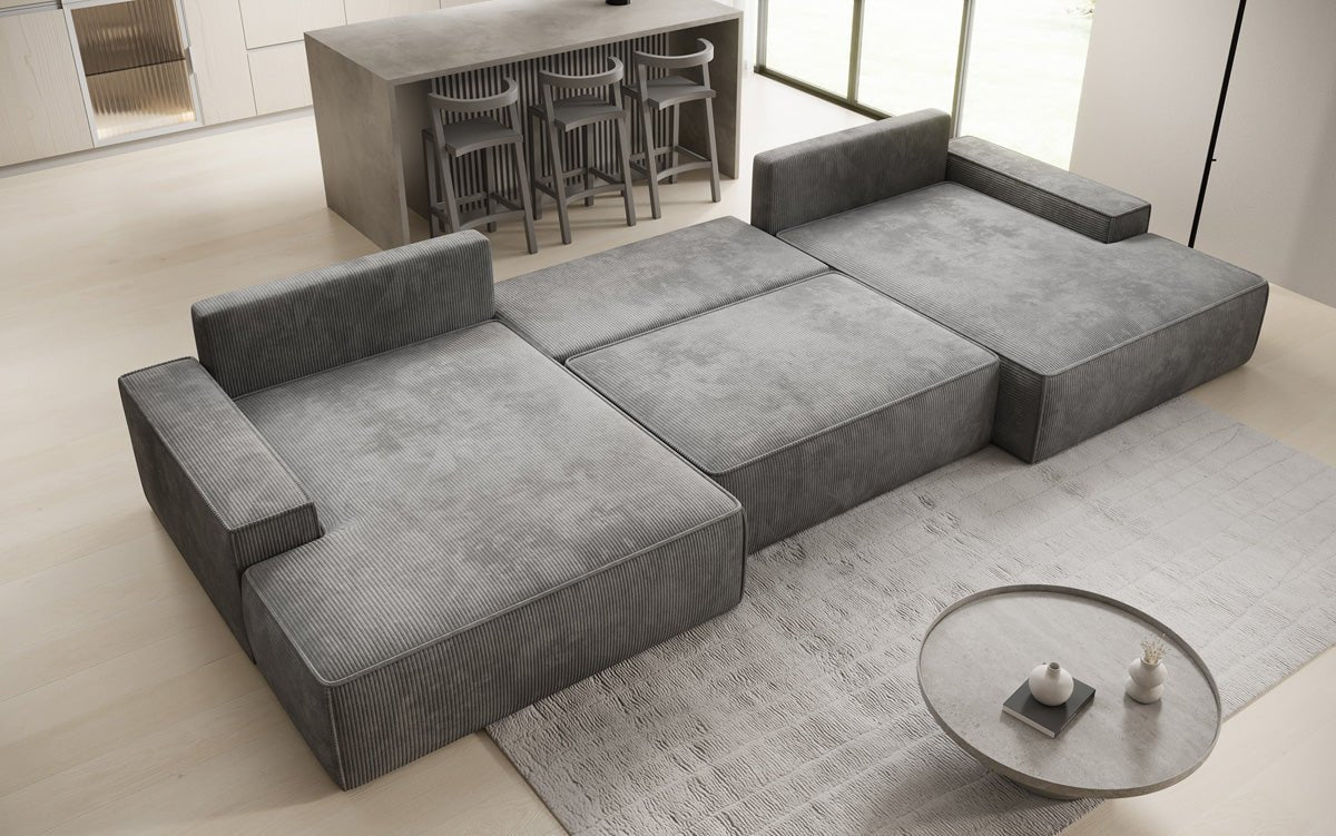 Designer Sofa Verona U mit breiter Ottomane mit Schlaffunktion und Stauraum in Cord