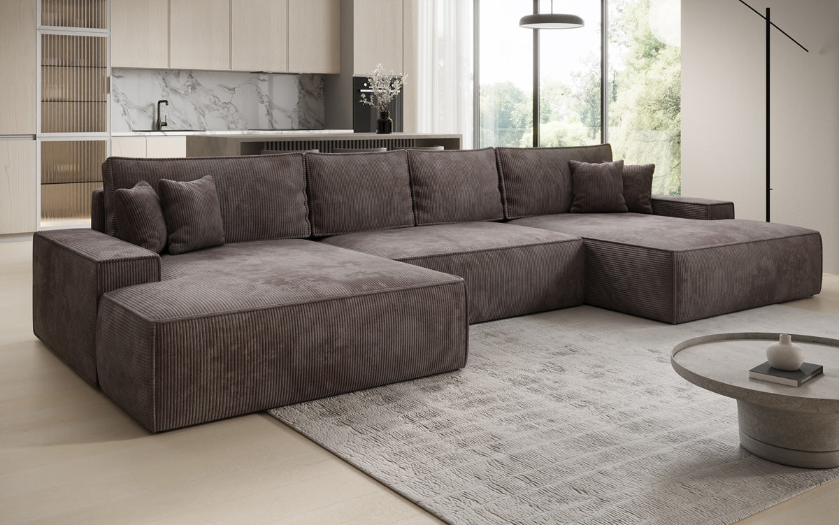 Designer Sofa Verona U mit breiter Ottomane mit Schlaffunktion und Stauraum in Cord