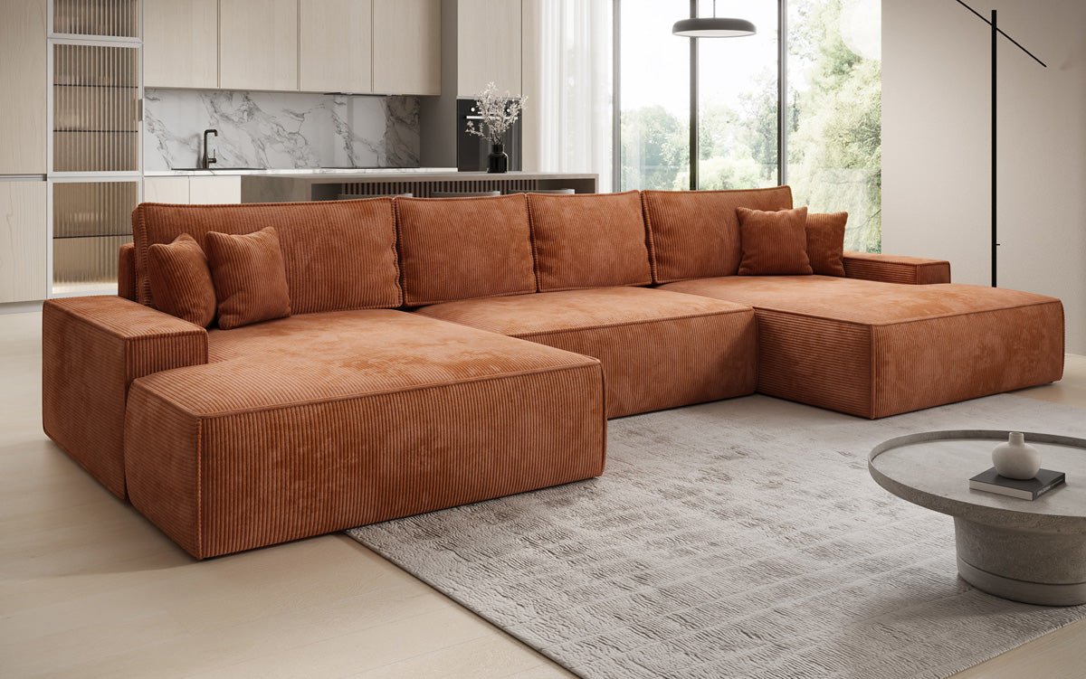 Designer Sofa Verona U mit breiter Ottomane mit Schlaffunktion und Stauraum in Cord