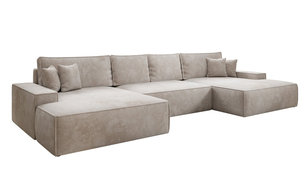Designer Sofa Verona U mit breiter Ottomane mit Schlaffunktion und Stauraum in Cord