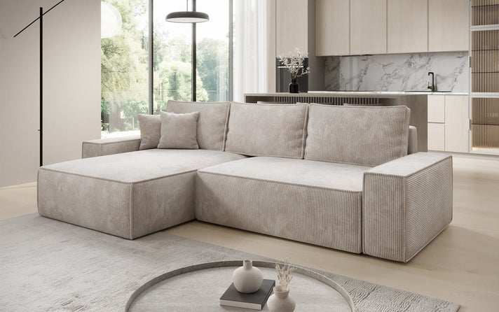 Designer Ecksofa Lunaro mit Schlaf- und Klappfunktion in Cord
