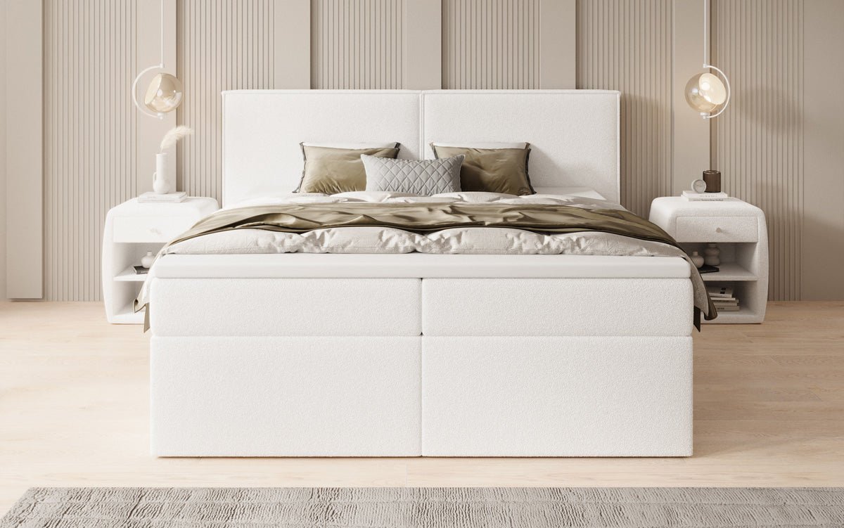 Box spring bed Ophelia with drawers in teddy bouclé