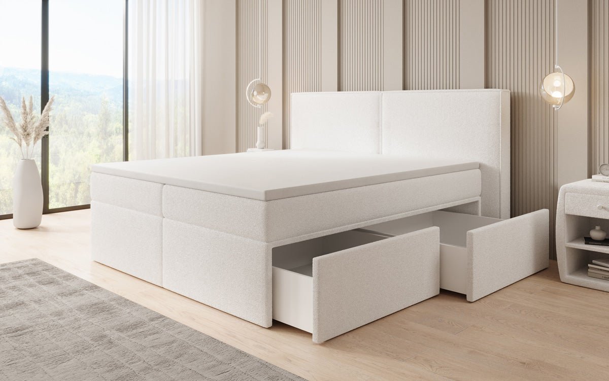 Box spring bed Ophelia with drawers in teddy bouclé
