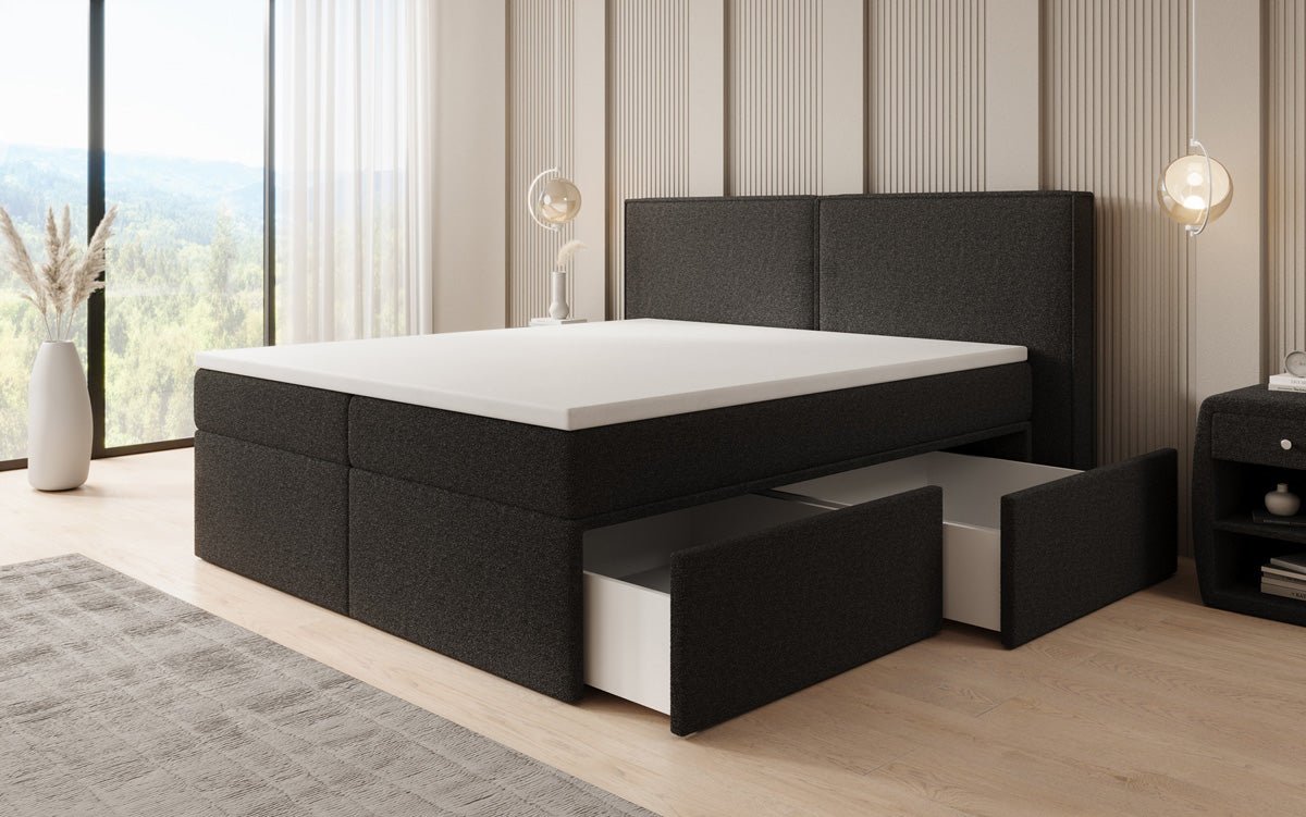 Box spring bed Ophelia with drawers in teddy bouclé