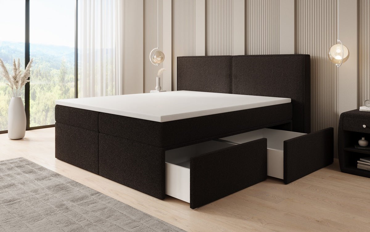 Box spring bed Ophelia with drawers in teddy bouclé