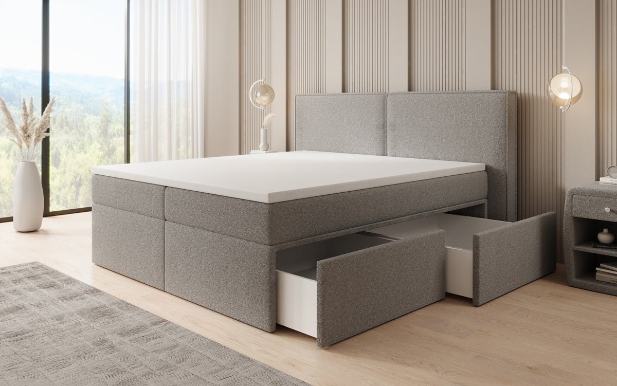 Box spring bed Ophelia with drawers in teddy bouclé