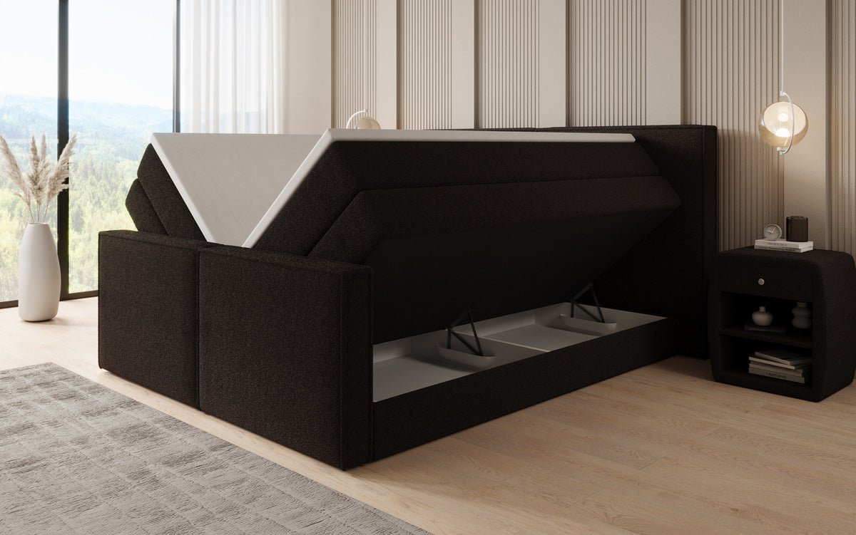 Boxspringbett Ophelia II mit hochklappbarem Stauraum in Teddy Bouclé