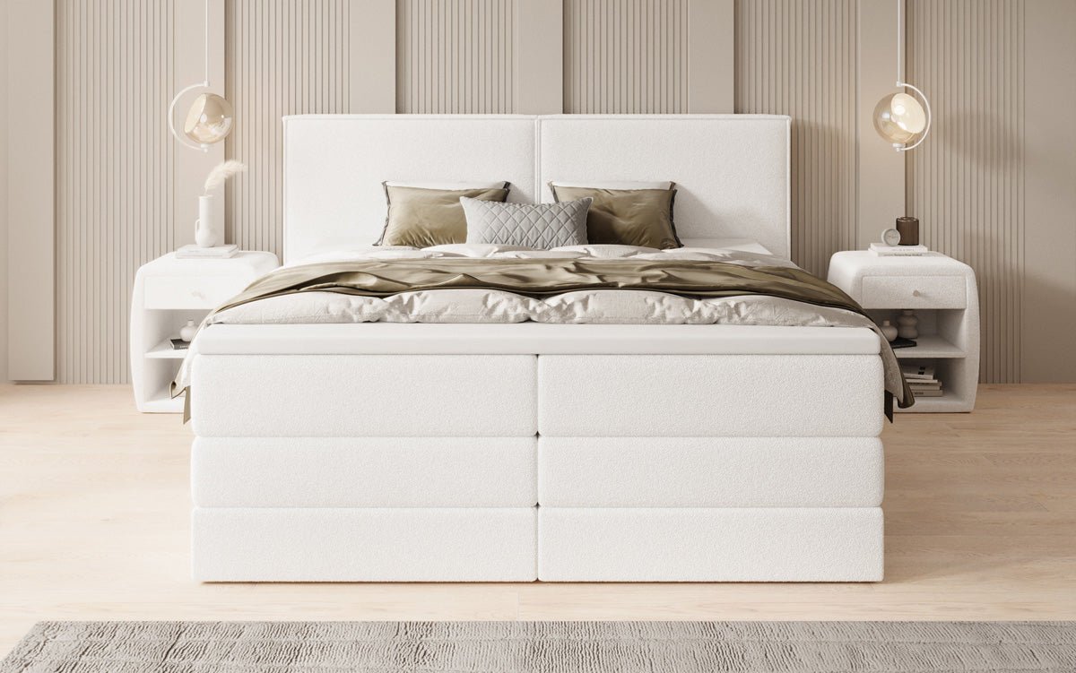 Box spring bed Ophelia with lift-up storage in teddy bouclé