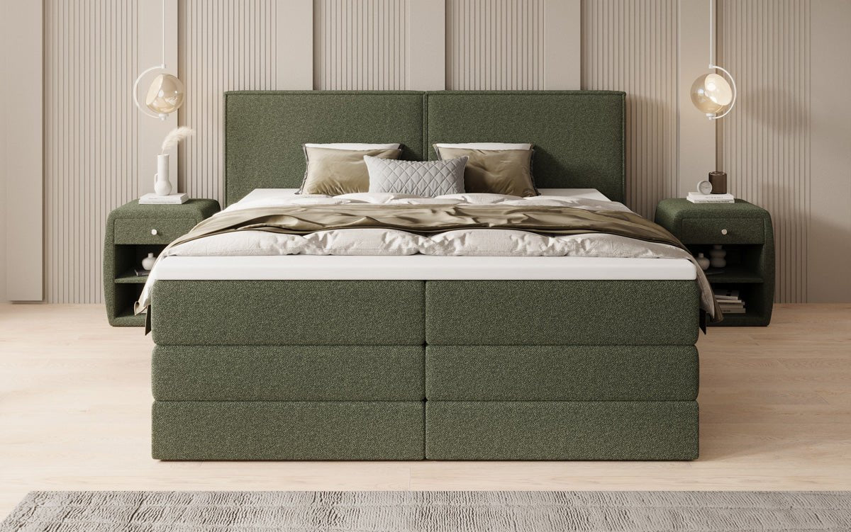 Box spring bed Ophelia with lift-up storage in teddy bouclé