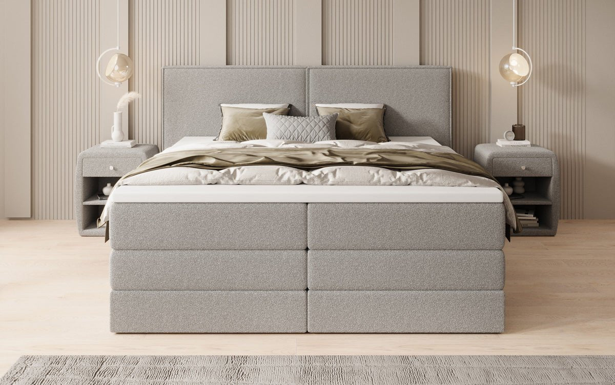Box spring bed Ophelia with lift-up storage in teddy bouclé