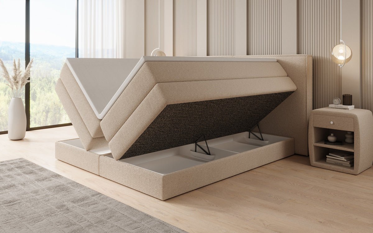 Box spring bed Ophelia with lift-up storage in teddy bouclé