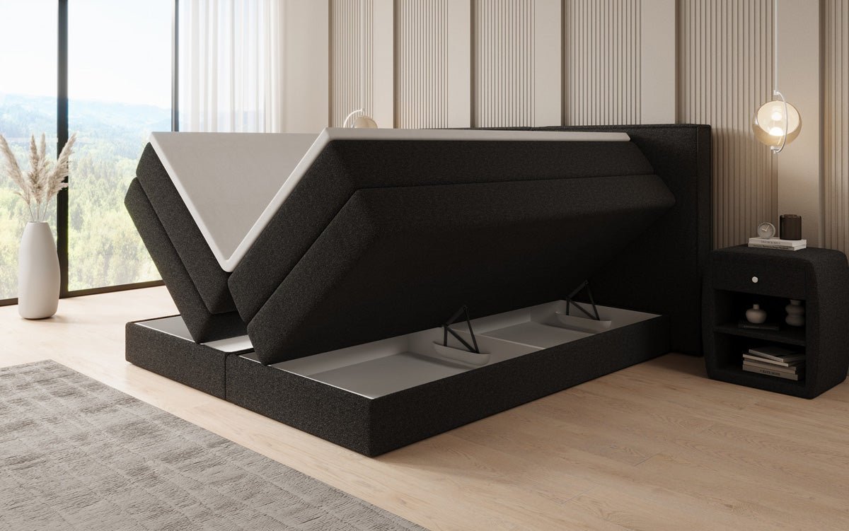 Box spring bed Ophelia with lift-up storage in teddy bouclé