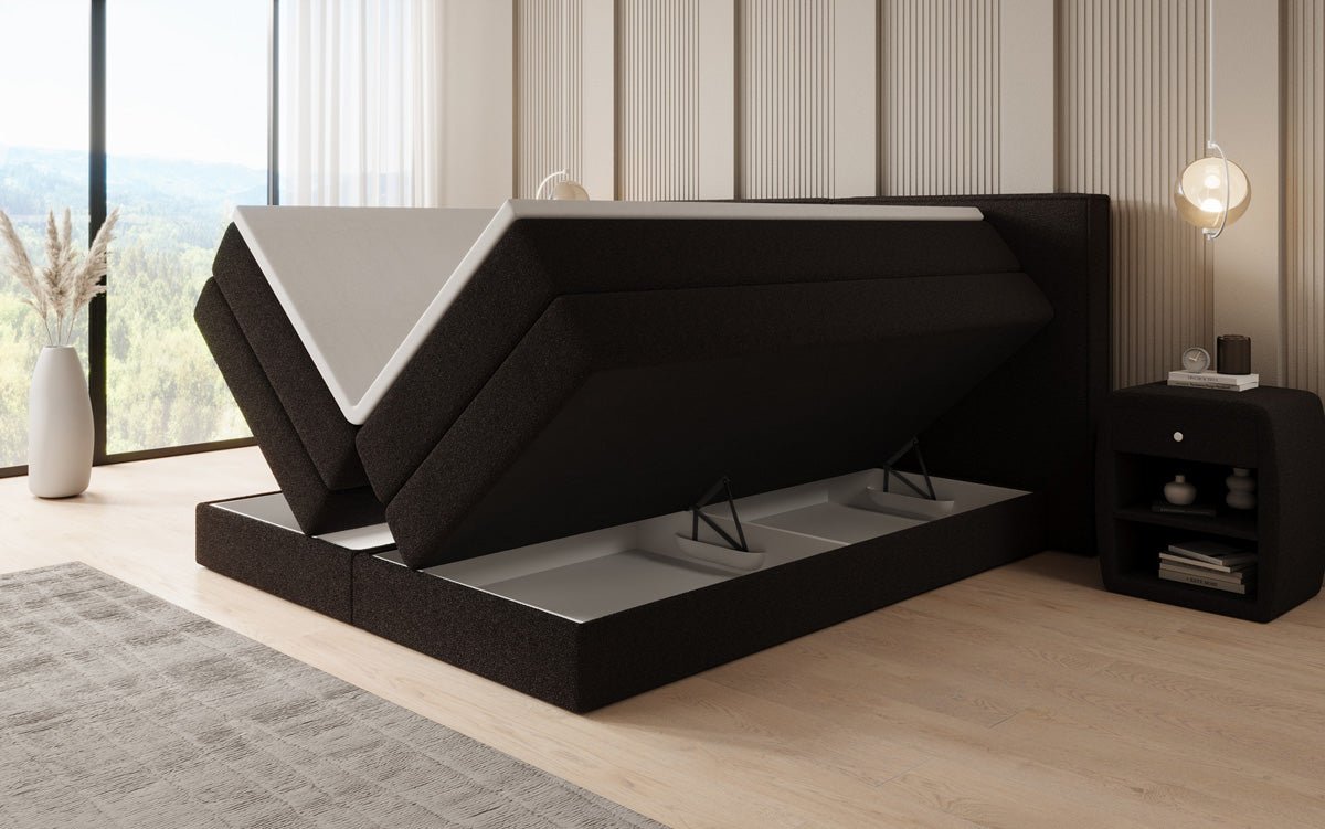 Box spring bed Ophelia with lift-up storage in teddy bouclé