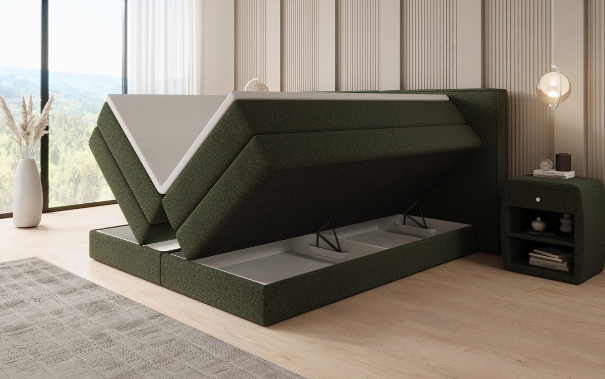 Box spring bed Ophelia with lift-up storage in teddy bouclé