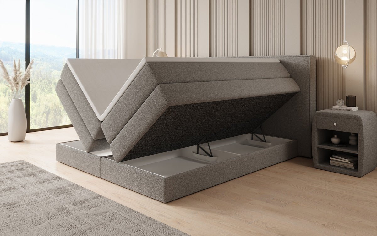 Box spring bed Ophelia with lift-up storage in teddy bouclé