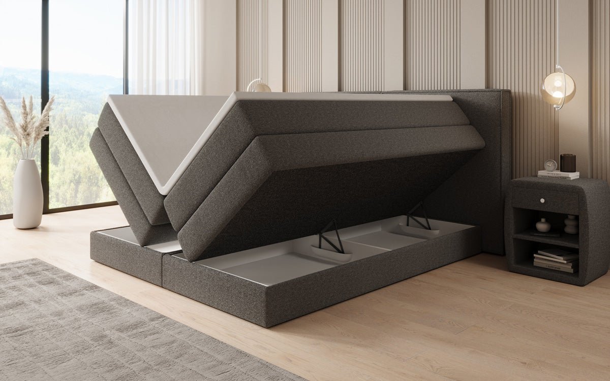 Box spring bed Ophelia with lift-up storage in teddy bouclé