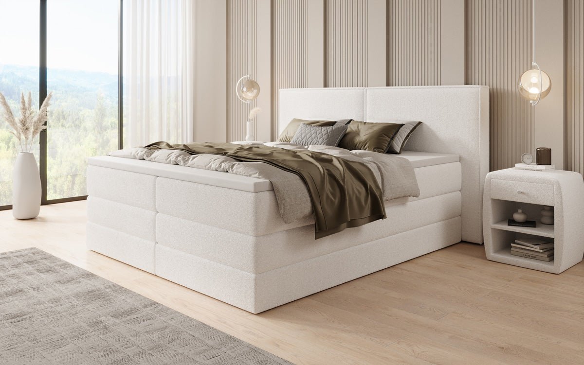 Box spring bed Ophelia with lift-up storage in teddy bouclé