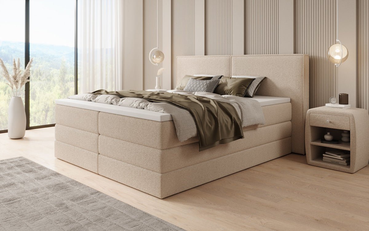 Box spring bed Ophelia with lift-up storage in teddy bouclé
