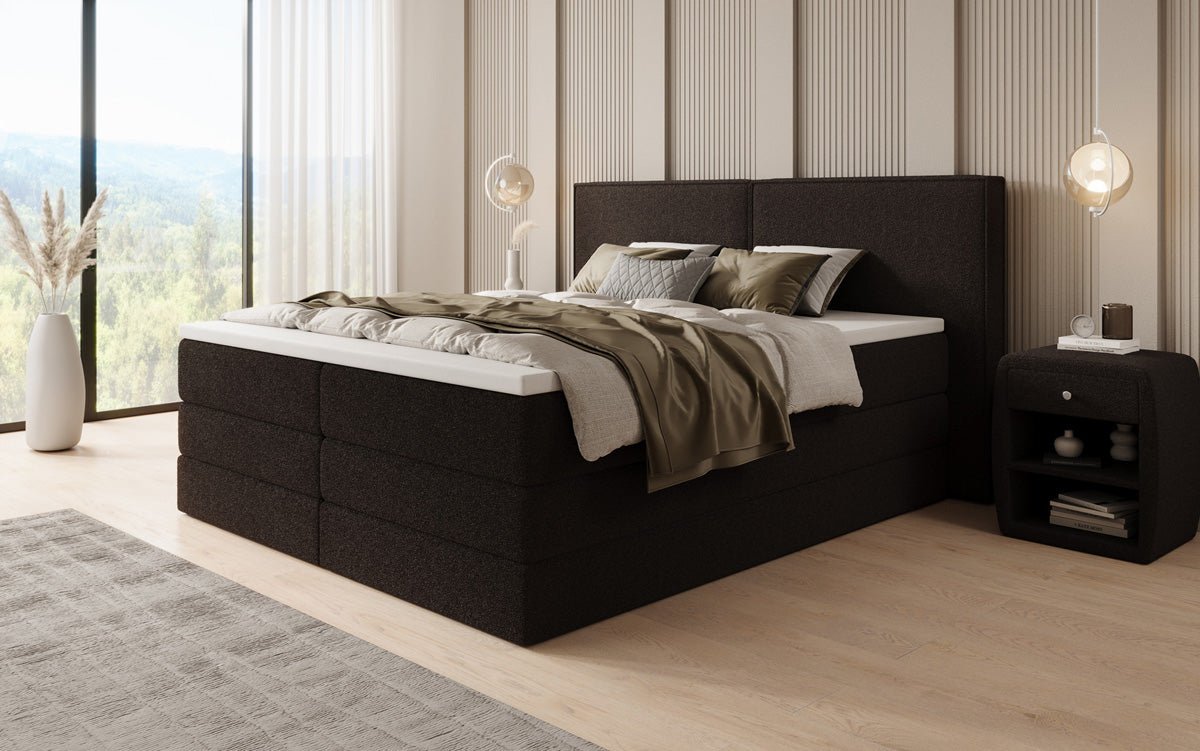 Box spring bed Ophelia with lift-up storage in teddy bouclé