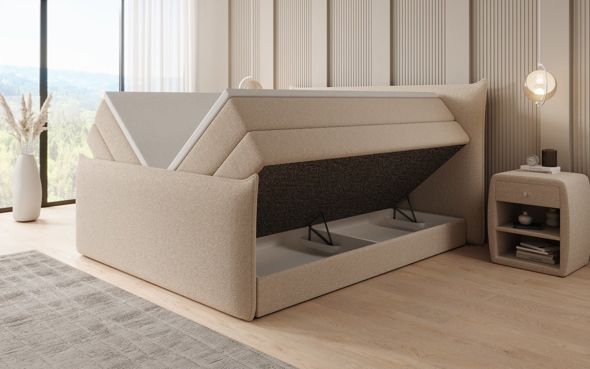 Boxspringbett Liana II mit hochklappbarem Stauraum in Teddy Bouclé