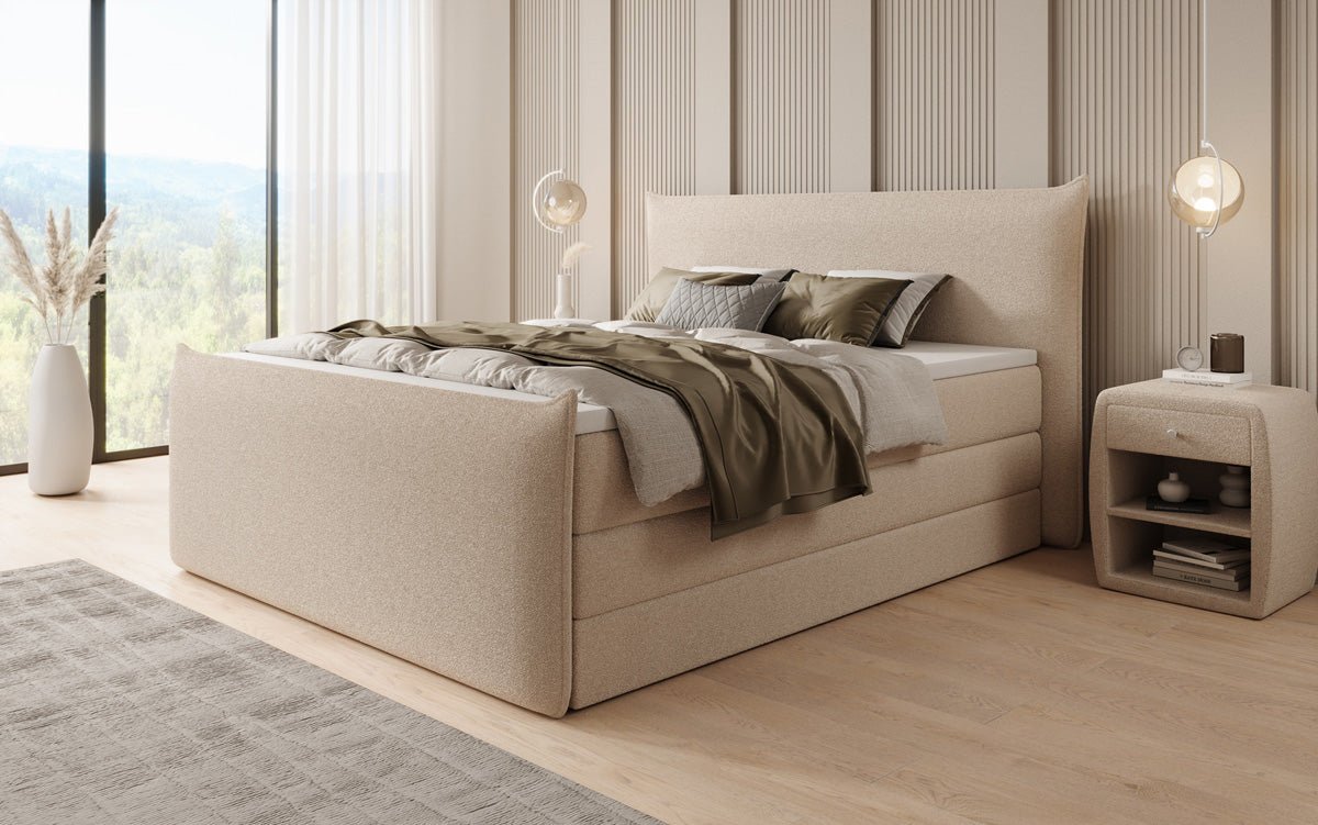 Boxspringbett Liana II mit hochklappbarem Stauraum in Teddy Bouclé