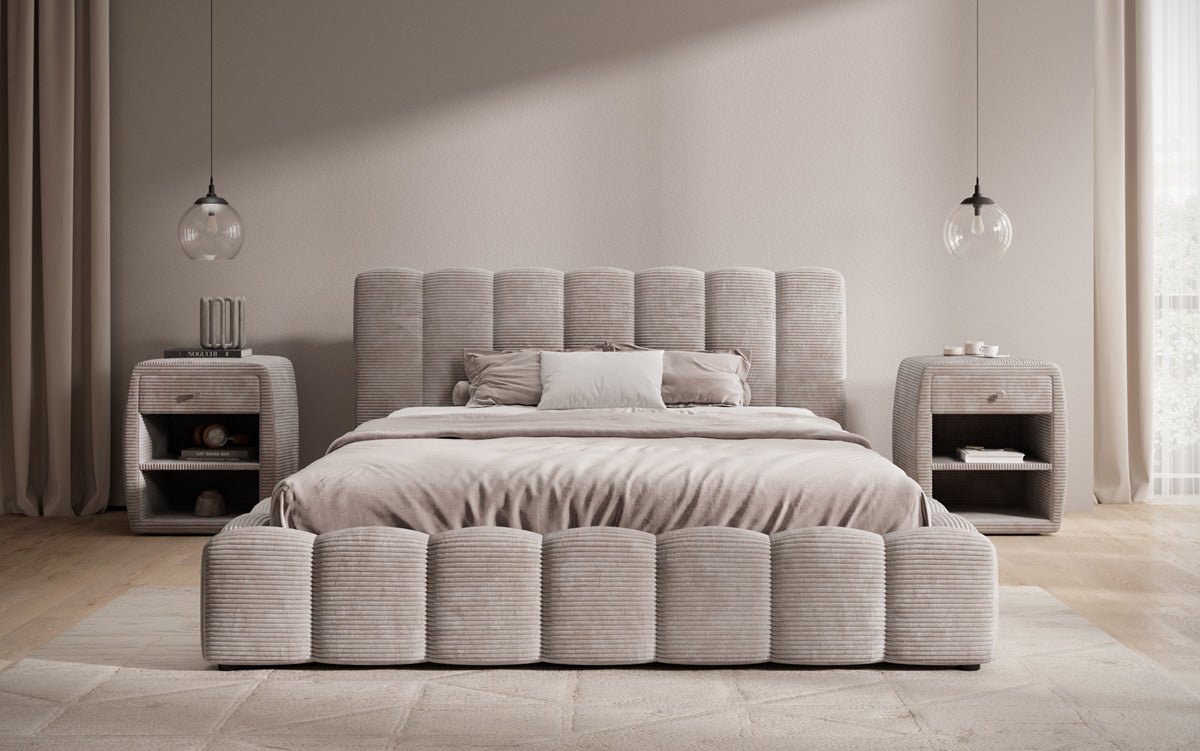 Designer Polsterbett Nuveo in Cord mit Stauraum