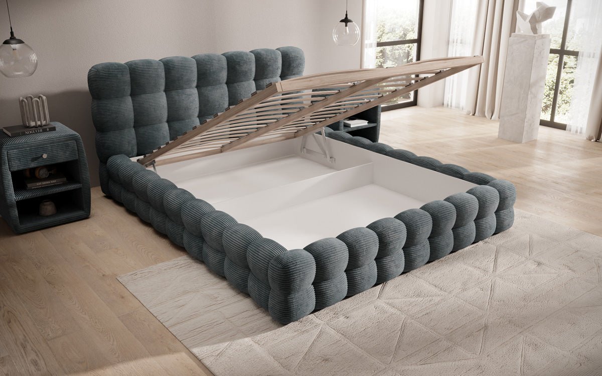 Designer Upholstered Bed Calimo in Corduroy with Storage Space