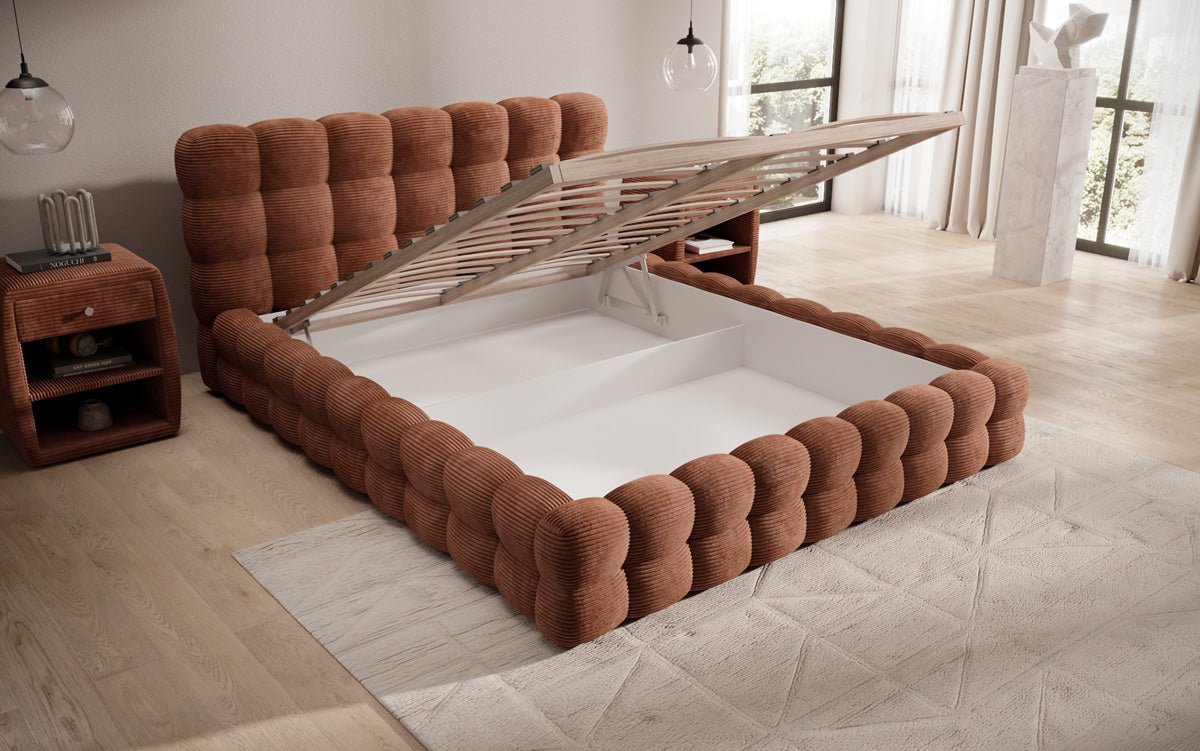 Designer Upholstered Bed Calimo in Corduroy with Storage Space