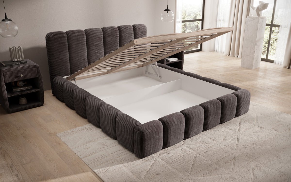 Designer Polsterbett Tevara in Cord mit Stauraum