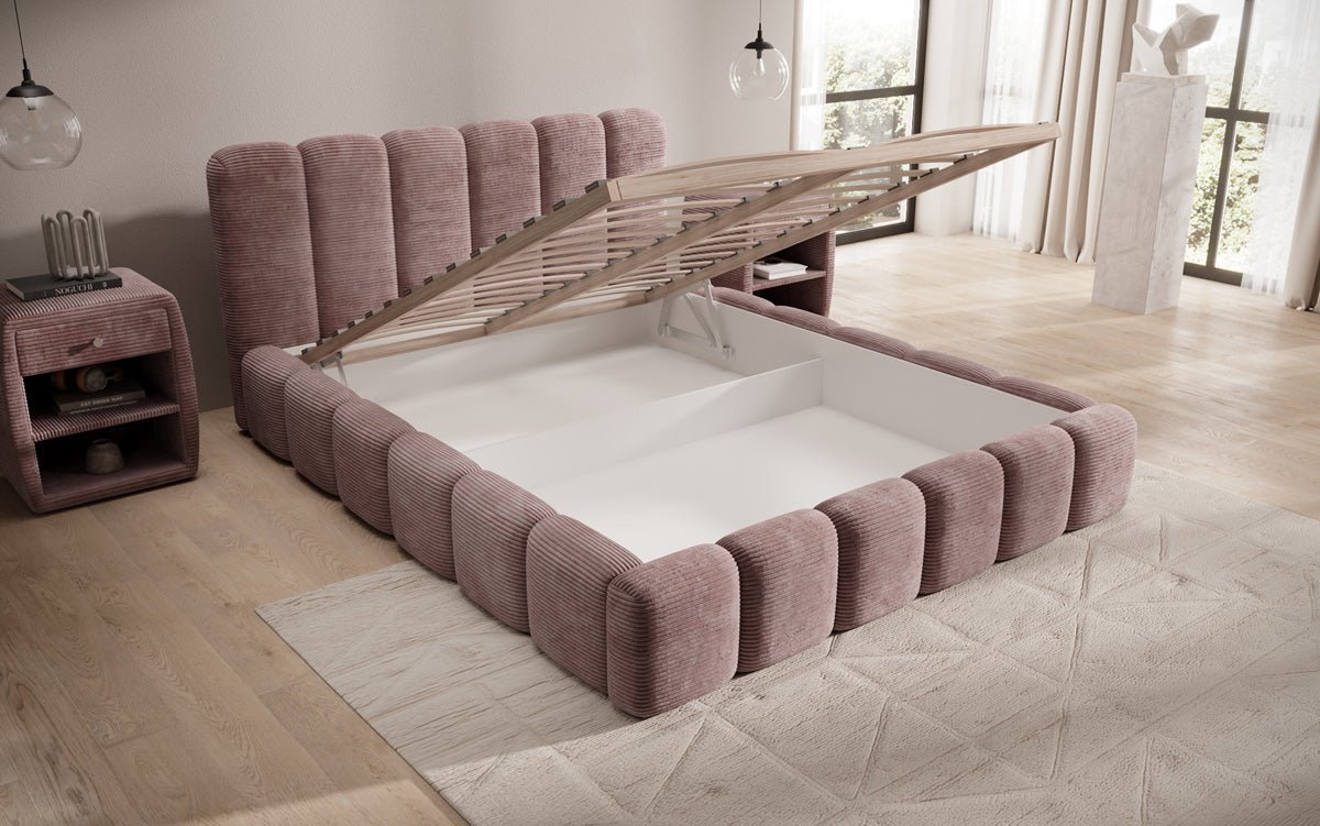 Designer Polsterbett Tevara in Cord mit Stauraum