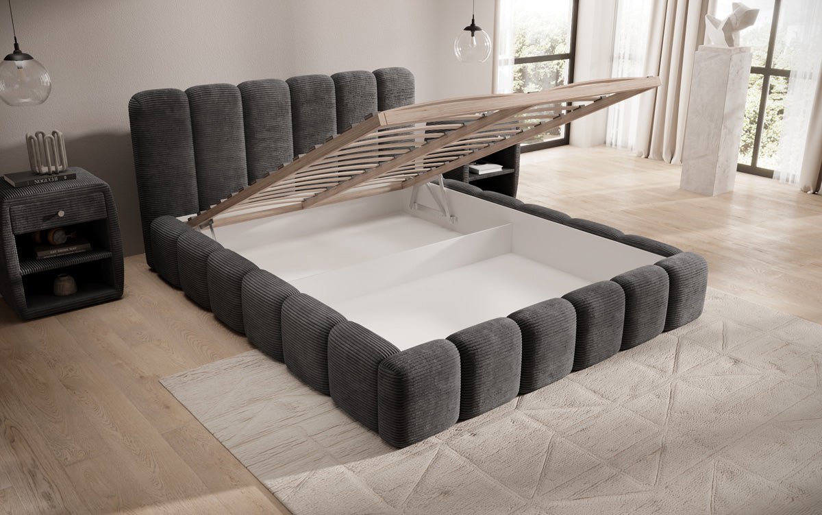Designer Polsterbett Tevara in Cord mit Stauraum