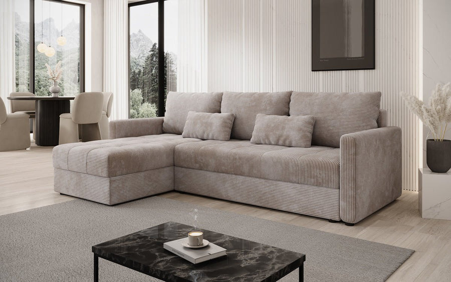 Designer corner sofa Roma in Corduroy with sleeping and folding function