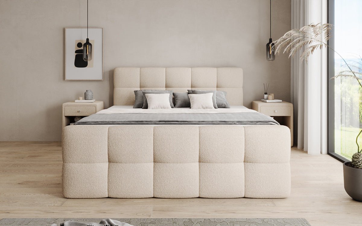 Boxspringbett Cozy in Teddy Bouclé mit Stauraum
