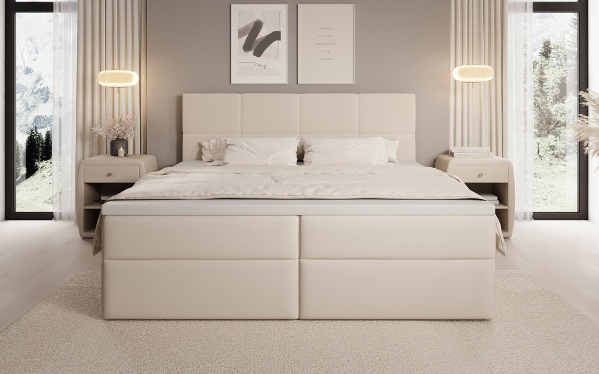 Box spring bed Levi in fabric with storage space