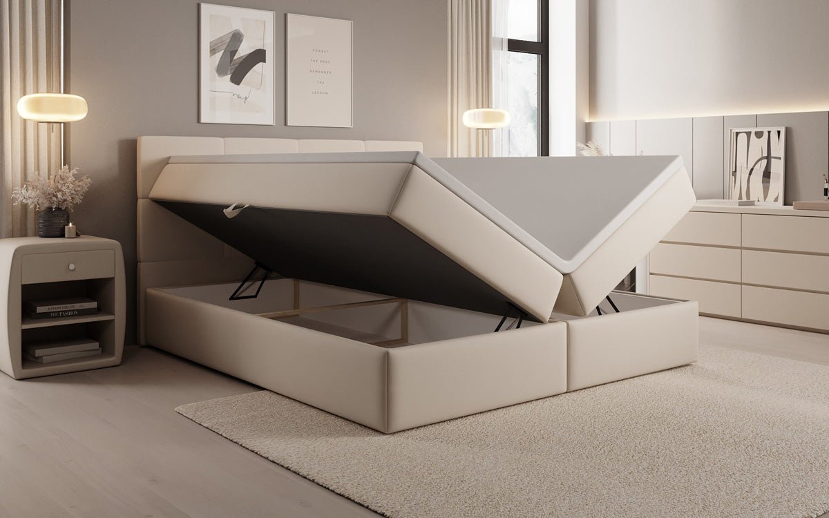 Box spring bed Levi in fabric with storage space